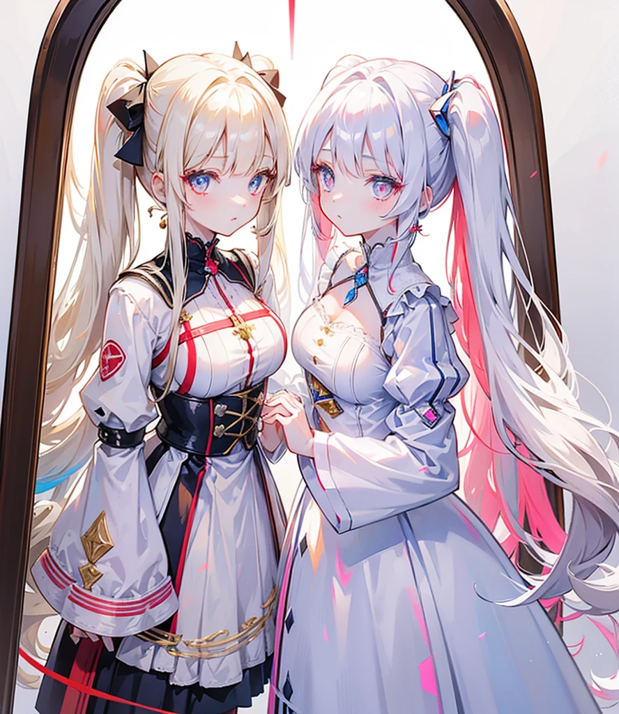 Two girls, one with beige hair and very red eyes, the other with white hair and blue eyes, twin tails, long hair, white background, colorful jewels, light, high quality, hands together, one in the mirror, mecha musume, Colorful portraits