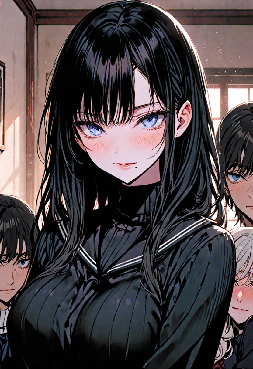 living room, hugging, (older woman with huge breasts, long wavy black hair, blue eyes, white ribbed turtleneck, mole under mouth, seductive smile), (teenager with medium breasts, shy, blush, young, black serafuku, long black twin tails)