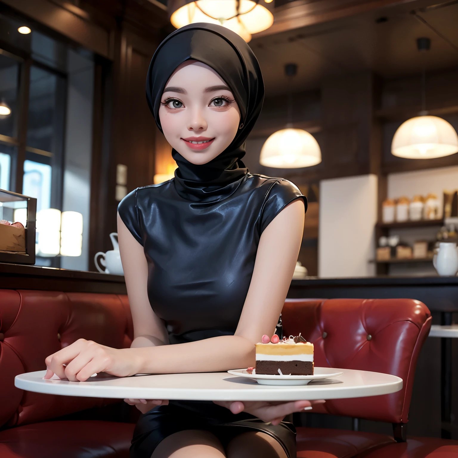 make a 3d caricature of an Indonesian hijab woman sitting like in a cafe and in front of her you can see a birthday cake on the table, smiling, looks luxurious and beautiful, cafe background, original, realistic.