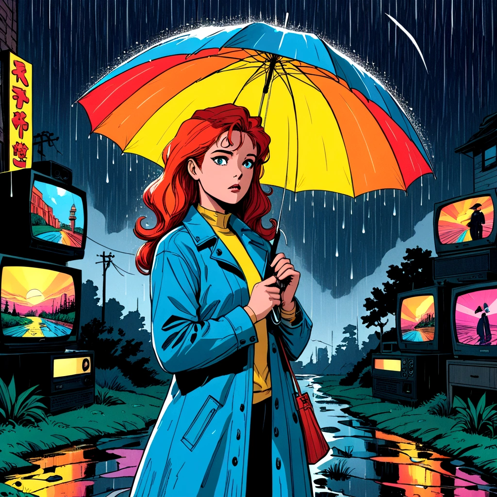 woman holding umbrella, technicolor rain, uv light face mask, , VHS, glitch, distorted, nostalgia, 90's retro vibes, analog tape, vcr aesthetics, tv, television, 1990's cartoon homage), comic 1990's, animated tv show screengrab, cinematic poster, image within image, multiple exposure, massive scale, rich color grading for shading depth, hand drawn rotoscope cartoon realism, chiaroscuro lighting, mixed media, vintage comic, retro original design, 1990's comic, sense of movement energy, A black and white world, holding umbrella, each drop of rain unleashes a ripple of color, bringing color to this otherwise mundane world, color reverberating out from each raindrop as it makes contact with the ground, subtle coloring to enrich the black and white image, rich color grading, sense of depth, shading and shadows