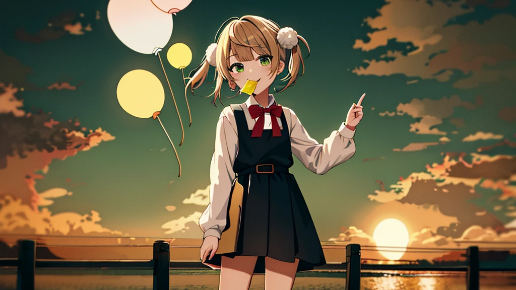 masterpiece, Highest quality, High resolution, ui3, (Chibi/Lori)One girl, alone, Green Eyes, Pom-pom \(Clothes\), Apron dress, White shirt, White socks,Jumper skirt、 Long sleeve, Dilapidated, short hair, belt, Red bow tie, bangs, , 青いClothes, Collared shirt, Cowboy Shot、Condom in mouth、A defiant smile、Pitch-black alley
