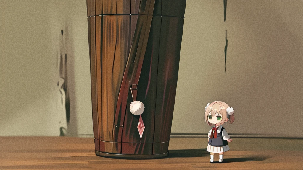 masterpiece, Highest quality, High resolution, ui3, (Chibi/Lori)One girl, alone, Green Eyes, Pom-pom \(Clothes\), Apron dress, White shirt, White socks,Jumper skirt、 Long sleeve, Dilapidated, short hair, belt, Red bow tie, bangs, , 青いClothes, Collared shirt, Cowboy Shot、Condom in mouth、A defiant smile、Pitch-black alley