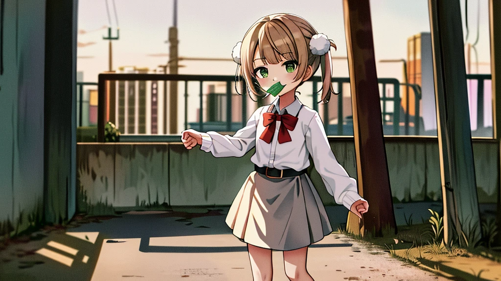 masterpiece, Highest quality, High resolution, ui3, (Chibi/Lori)One girl, alone, Green Eyes, Pom-pom \(Clothes\), Apron dress, White shirt, White socks,Jumper skirt、 Long sleeve, Dilapidated, short hair, belt, Red bow tie, bangs, , 青いClothes, Collared shirt, Cowboy Shot、Condom in mouth、A defiant smile、Pitch-black alley