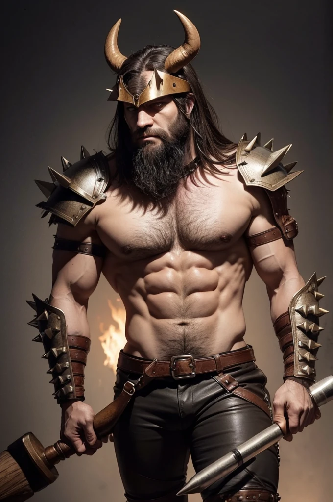 Animalistic minotaur with body hair with hammer and leather armor with spikes