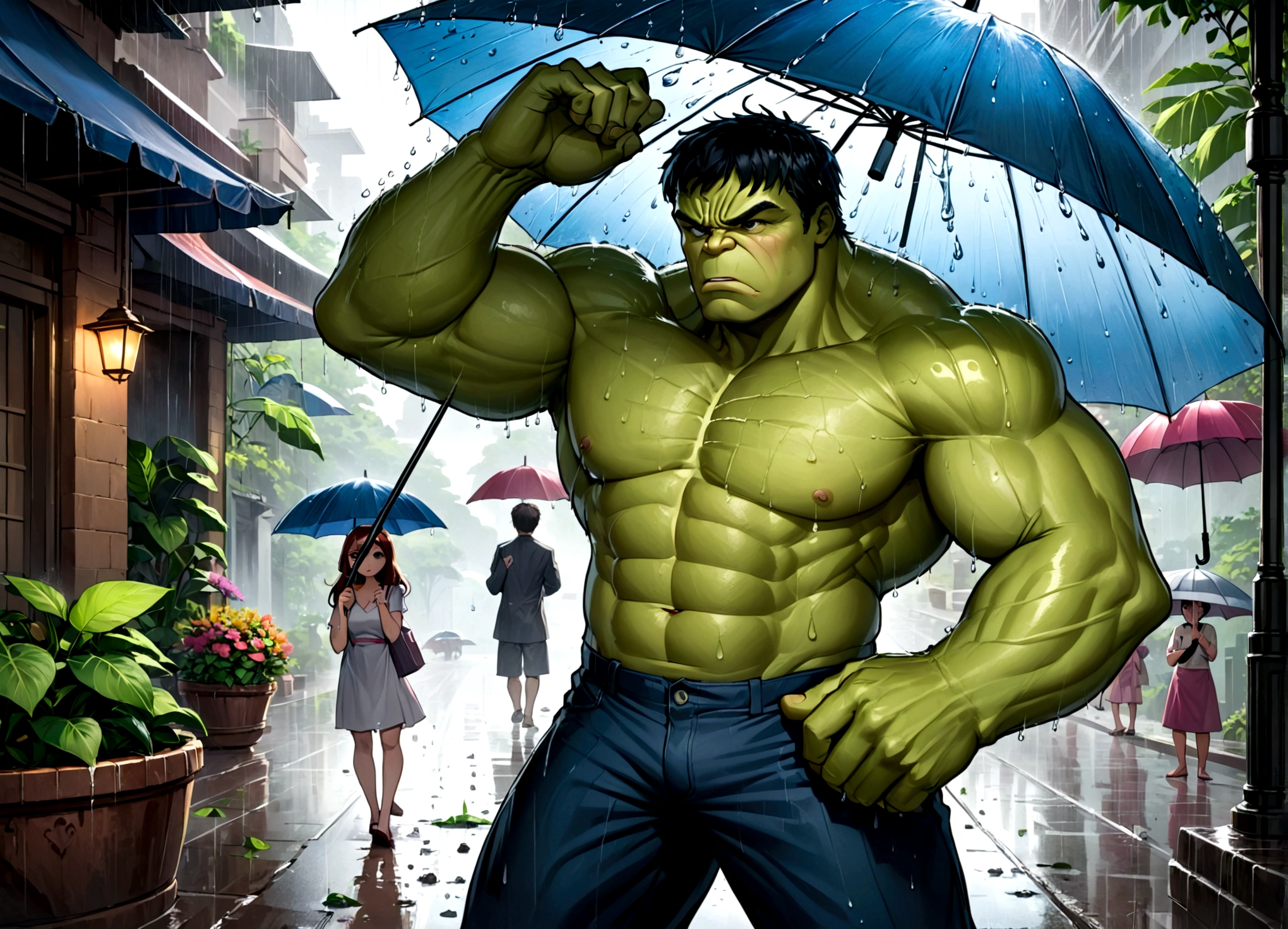 The incredible hulk, looking annoyed, is holding up a normal sized umbrella. It is a monsoon rain,