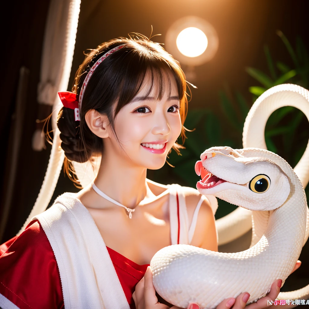 Looking straight ahead and smiling, Holding a large white snake in both hands, Ultra HD、128k、Masterpiece、A kindergarten girl、 clavicle, RAW Photo、Big-eyed girl in red、Long face, Professional Lighting、Japanese anime style,