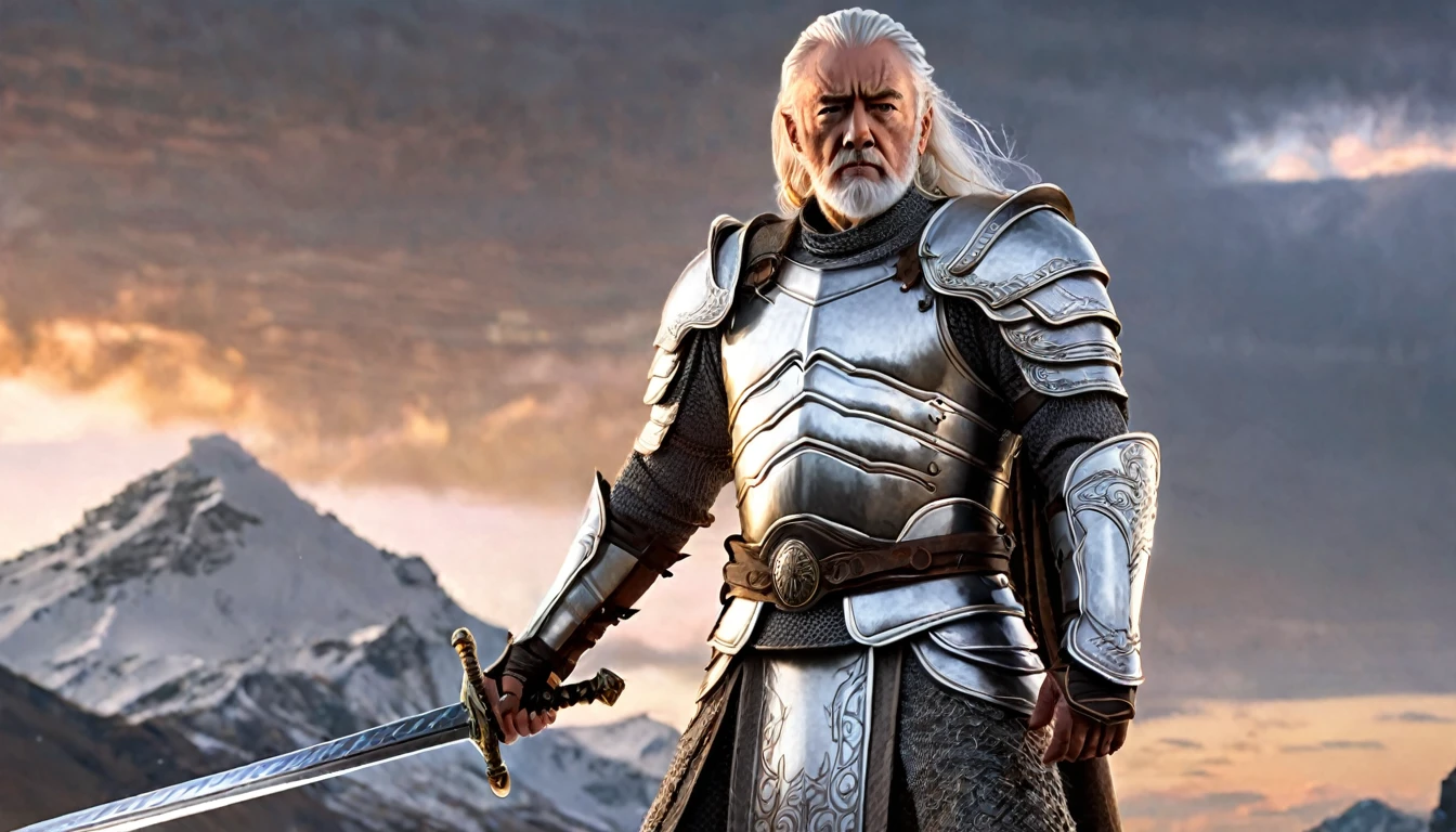 Warrior with Alec Guiness face, white hair, white beard, his hair moves with the wind, full body, sword in hand, rule of thirds, warrior like Norse god, white skin tone, dressed in white armor, beautiful plain at dusk, cinematic, ultra detailed, visually rich, concept art, intricate details, extremely detailed, ultra sharp focus, attention to detail, grandeur and awe, stunning visual masterpiece, double exposure, 32k, photorealistic, strong contours, cinematic scene , highest quality