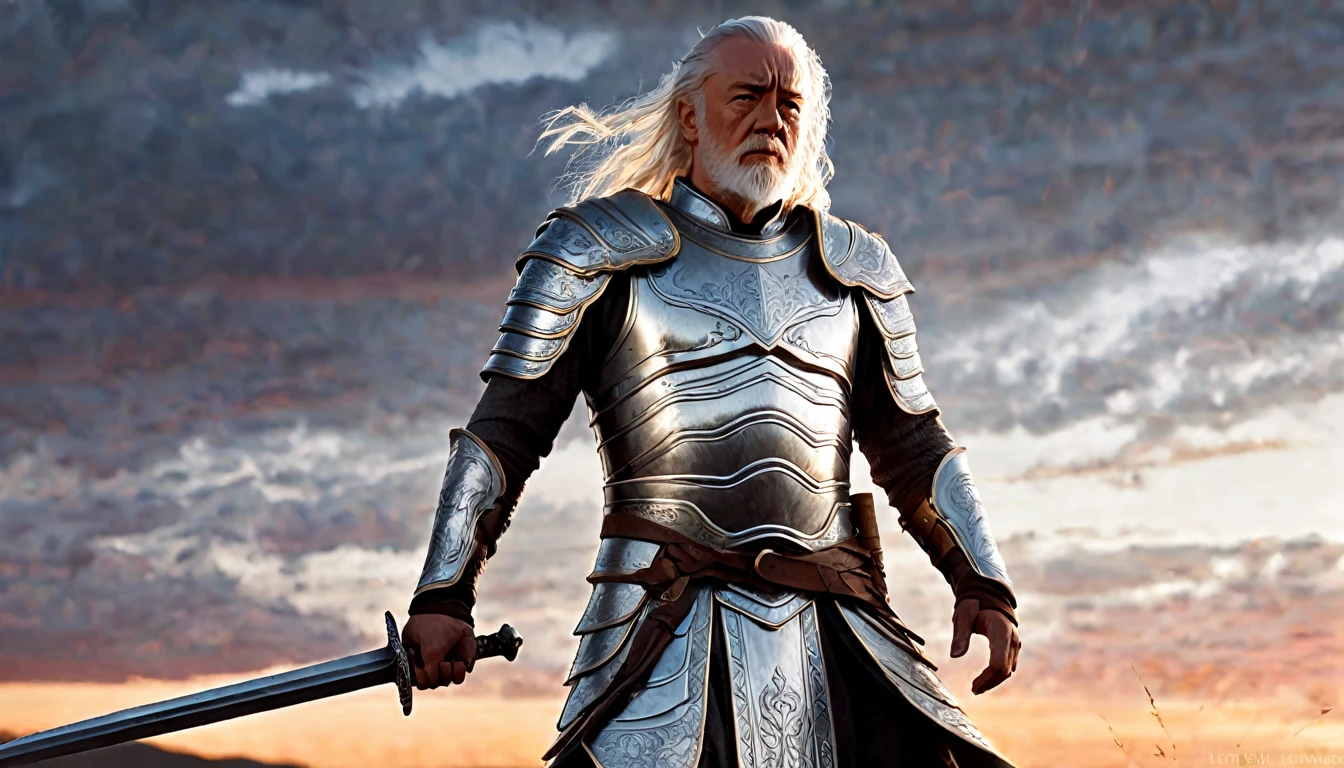 Warrior with Alec Guiness face, white hair, white beard, his hair moves with the wind, full body, sword in hand, rule of thirds, warrior like Norse god, white skin tone, dressed in white armor, beautiful plain at dusk, cinematic, ultra detailed, visually rich, concept art, intricate details, extremely detailed, ultra sharp focus, attention to detail, grandeur and awe, stunning visual masterpiece, double exposure, 32k, photorealistic, strong contours, cinematic scene , highest quality