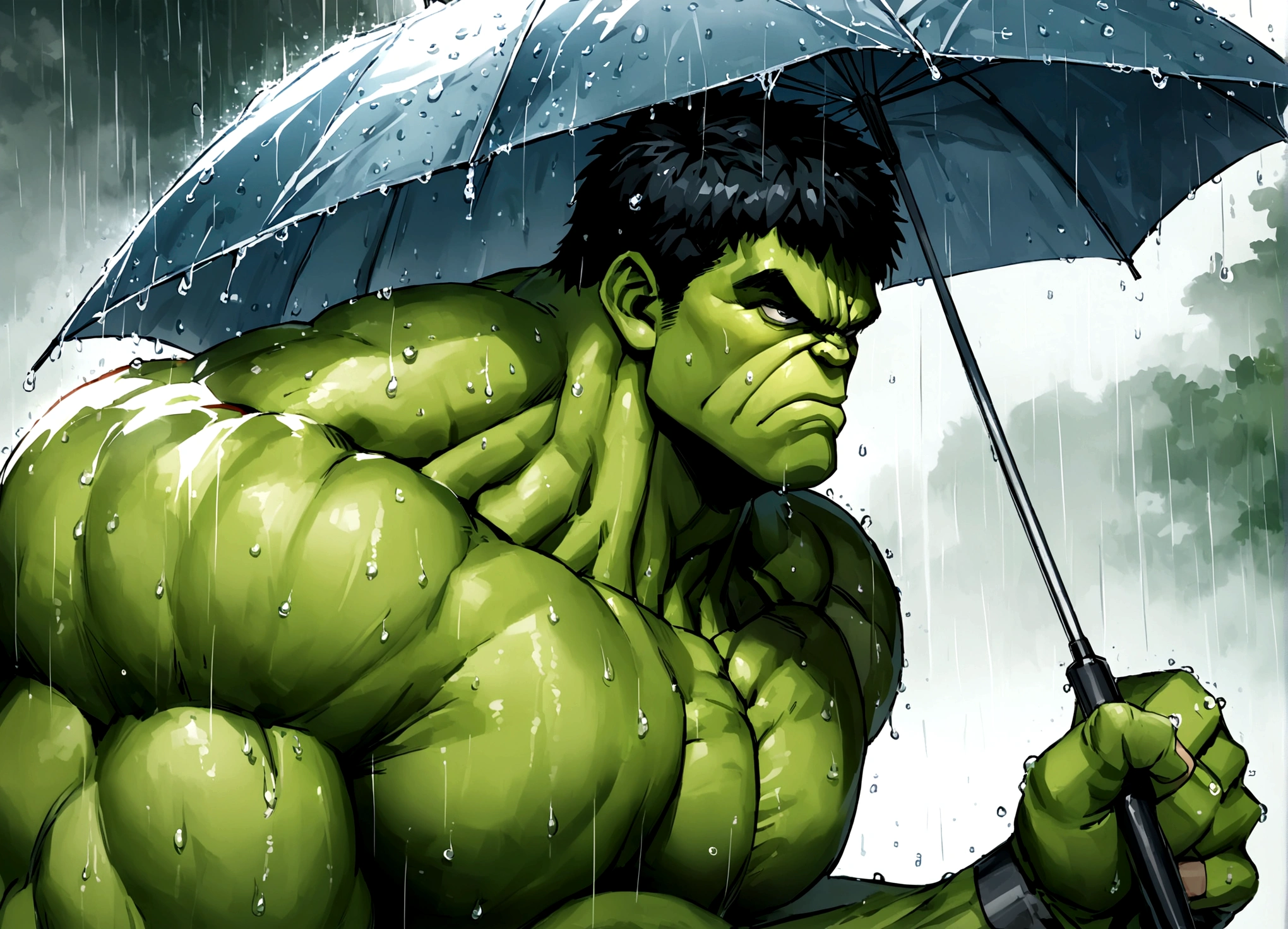 The incredible hulk, looking annoyed, is holding up a normal sized umbrella. It is a monsoon rain,