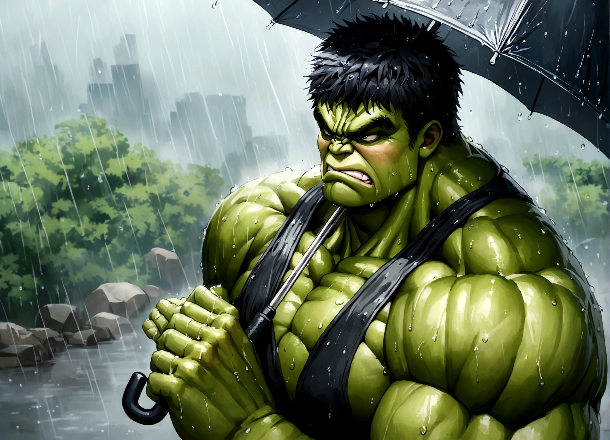 The incredible hulk, looking annoyed, is holding up a normal sized umbrella. It is a monsoon rain,