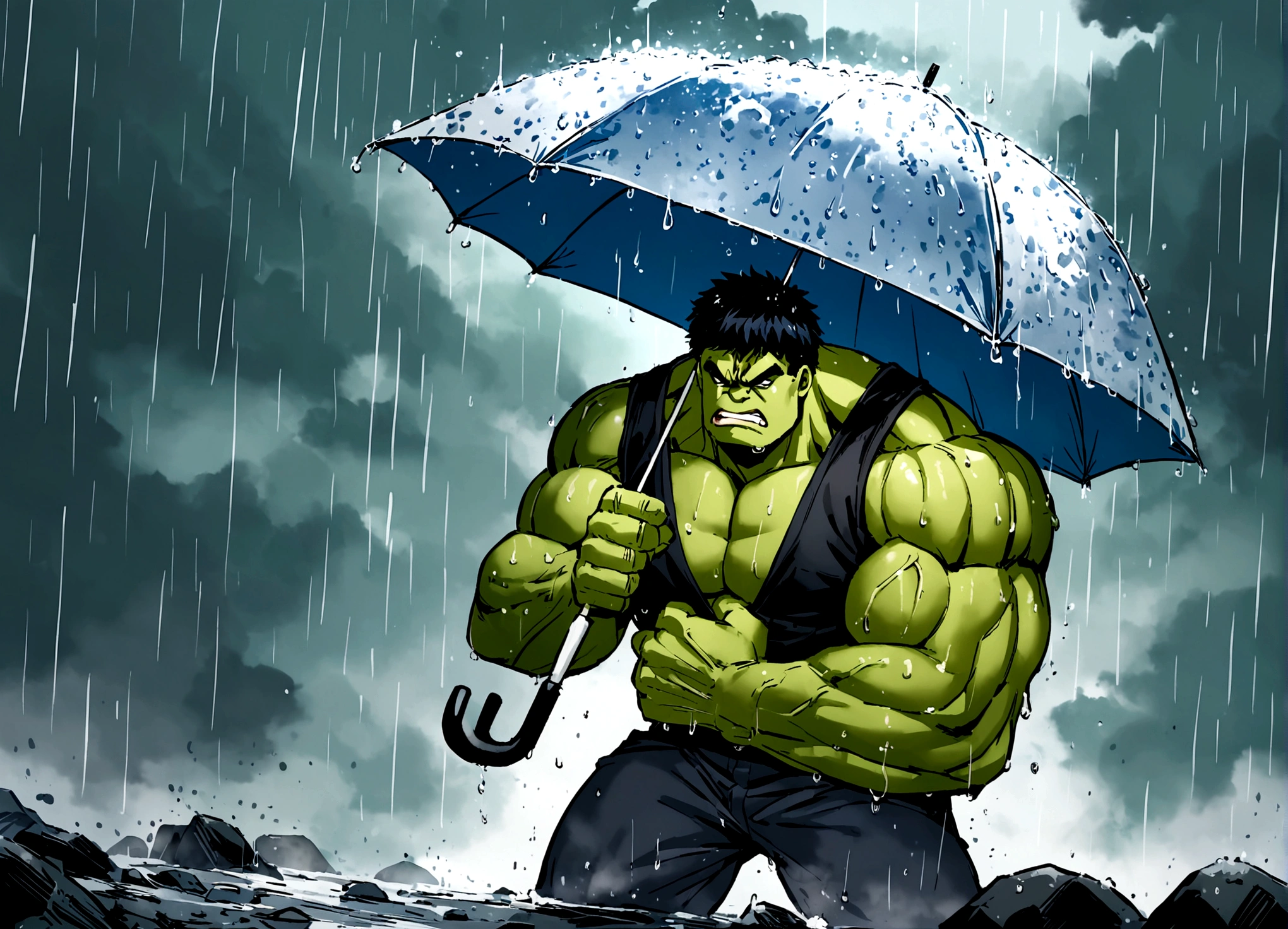 The incredible hulk, looking annoyed, is holding up a normal sized umbrella. It is a monsoon rain,
