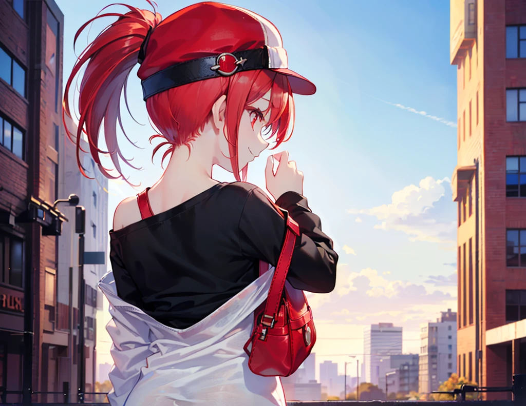 (Close-up:1.3),Realistic,Highest quality, Ultra Detail, High-quality CG rendering, The most delicate and beautiful, Floating softly, High resolution, (1 girl), (Highest quality,4K,8K,masterpiece:1.2),(All red hair:1.5), (ponytail:1.5),(Red eyes:1.5),(Slightly larger breasts:1.2 (White oversized long sleeve T-shirt:1.3),(Black skinny pants:1.3),(Pure black cap:1.3),In the city,old buildings,(Upper Body:1.3),(Turn your back to your audience:1.3),Butt,Are standing,(Small shoulder bag:1.3),smile