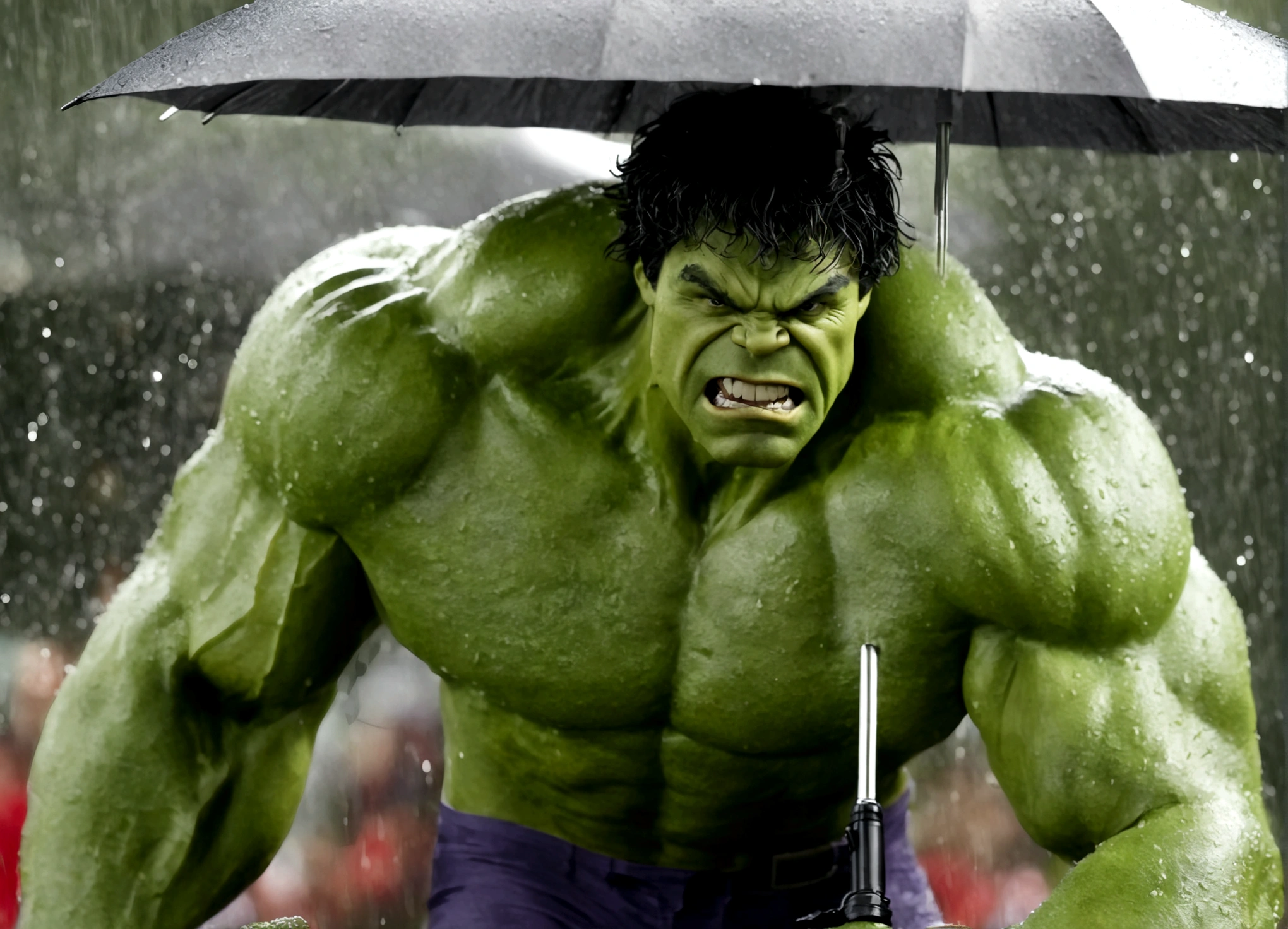 The incredible hulk, looking annoyed, is holding up a normal sized umbrella. It is a monsoon rain,
