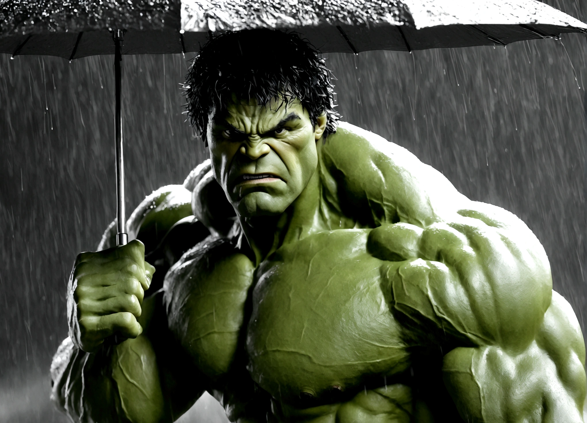 The incredible hulk, looking annoyed, is holding up a normal sized umbrella. It is a monsoon rain,