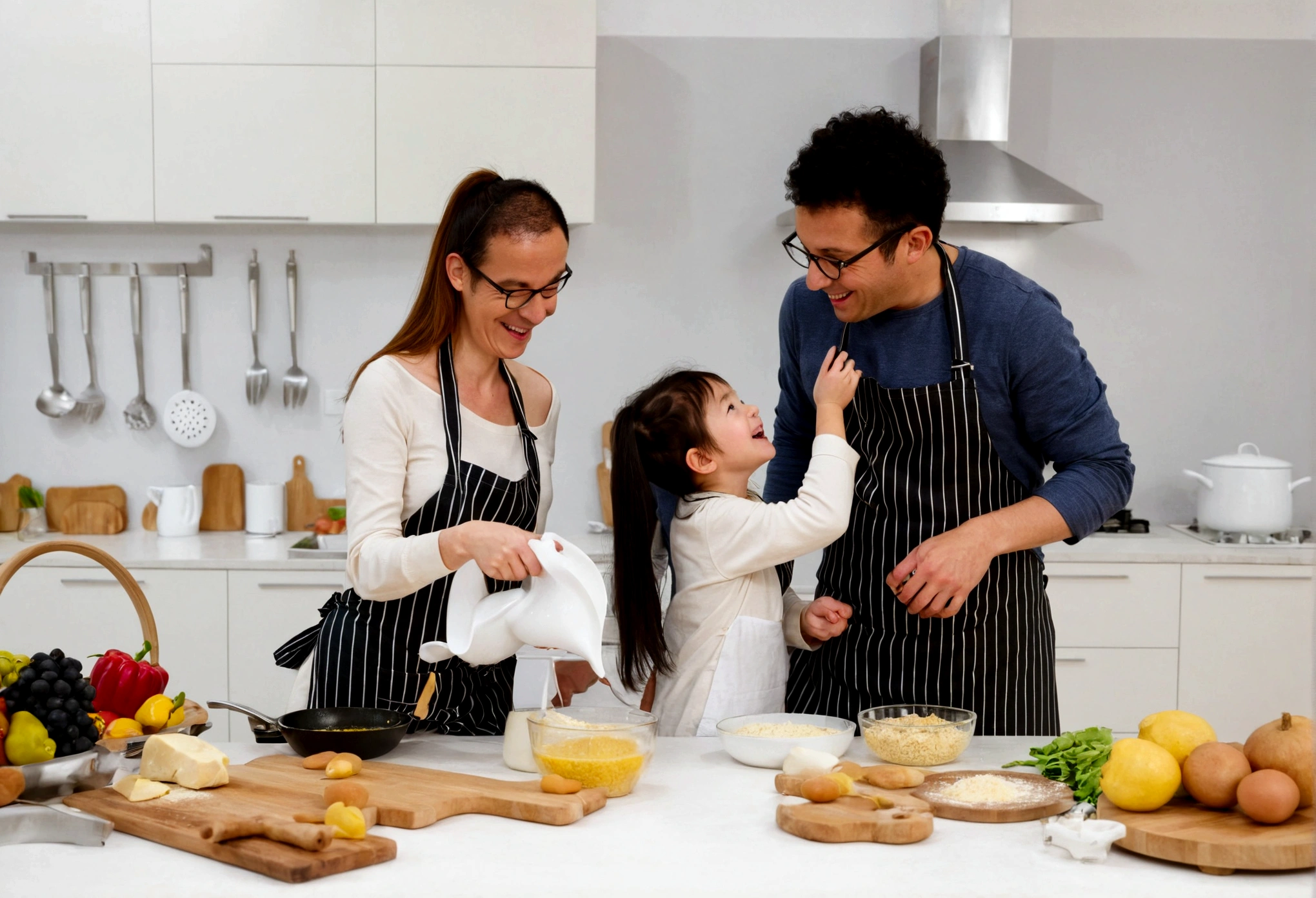 araffes and a woman and a are In the kitchen, cooking, Wearing an apron, In the kitchen里, photo, lifestyle, gourmet food, In the kitchen, French, , cooking show, happy , Husband, wife, son, children, European, shutter, healthy, photography, 营销photo, Mixed Art, Warm and convivial atmosphere