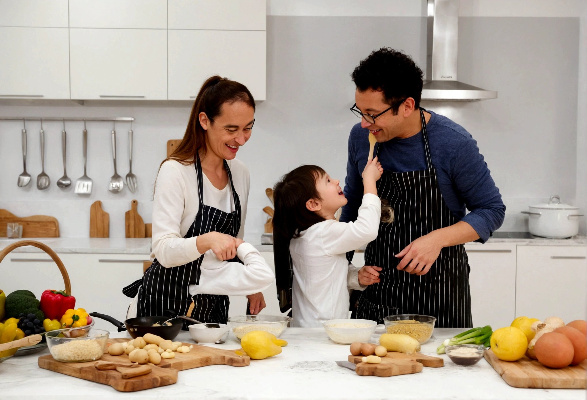 araffes and a woman and a are In the kitchen, cooking, Wearing an apron, In the kitchen里, photo, lifestyle, gourmet food, In the kitchen, French, , cooking show, happy , Husband, wife, son, children, European, shutter, healthy, photography, 营销photo, Mixed Art, Warm and convivial atmosphere