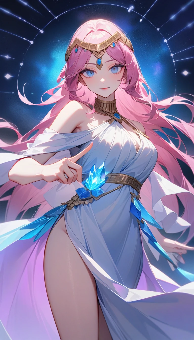 (Huang Li、high quality、Extremely detailed),Constellation - Virgo,Similar to Latin goodness,brave,capricious,Productivity,The face of enterprising and humanitarianism,Pink long hair,Ancient Greek costumes、Wrap Dress,The background is the universe,Crystal blue eyes(Eyes Details),Powerful appearance,Correct finger,Correct anatomy