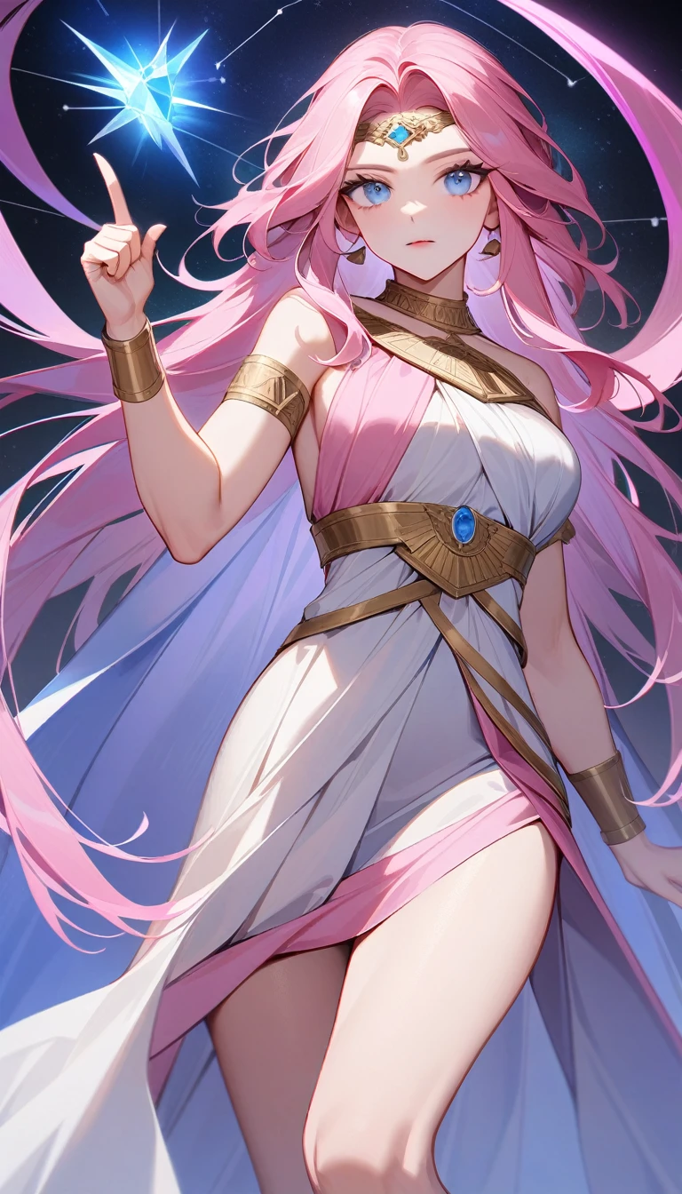 (Huang Li、high quality、Extremely detailed),Constellation - Virgo,Similar to Latin goodness,brave,capricious,Productivity,The face of enterprising and humanitarianism,Pink long hair,Ancient Greek costumes、Wrap Dress,The background is the universe,Crystal blue eyes(Eyes Details),Powerful appearance,Correct finger,Correct anatomy