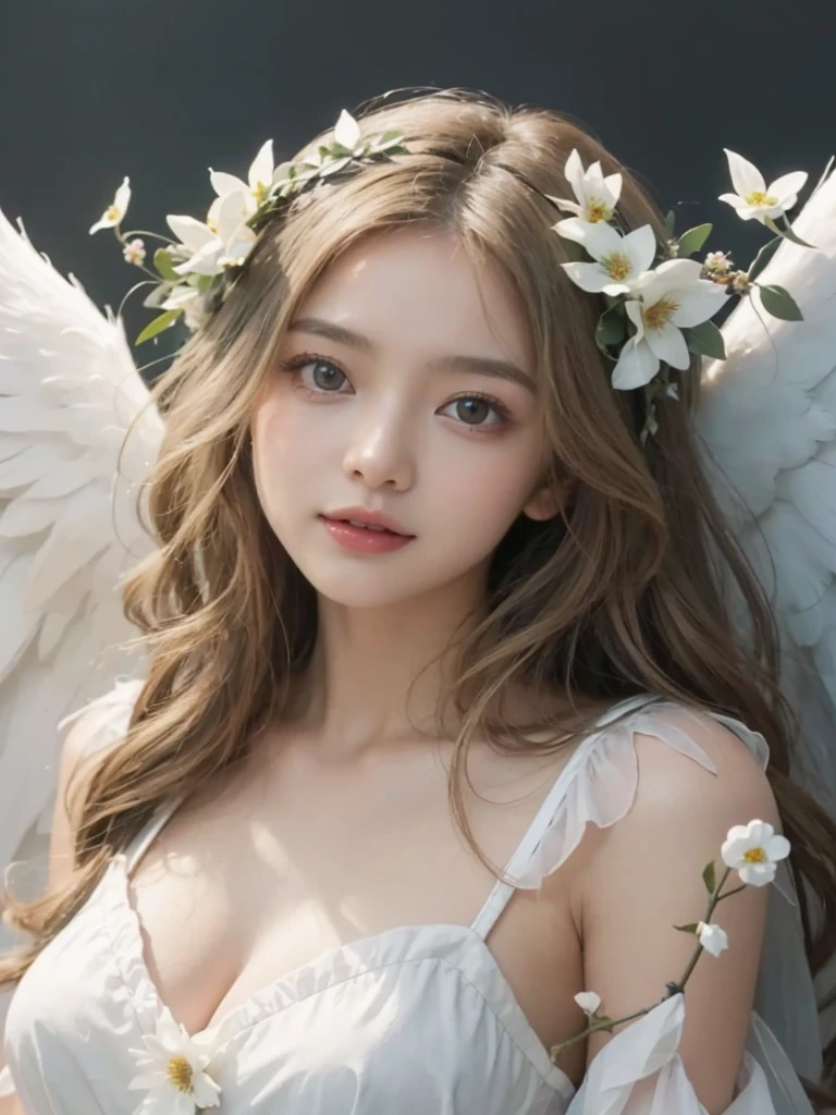 Woman with white wings and flowers in her hair, 美しいAngelic少女の, Beautiful angel, 美しいAngelic少女の肖像画, 美しいAngelic肖像画, Beautiful woman angel, Angelic少女, 美しいAngelic, Angelic羽を持つ少女, Angelic face, Angelic, Winged girl angel, 美しいAngelic羽, Beautiful digital artwork, Angelic, Angel themed