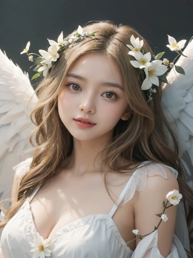 Woman with white wings and flowers in her hair, 美しいAngelic少女の, Beautiful angel, 美しいAngelic少女の肖像画, 美しいAngelic肖像画, Beautiful woman angel, Angelic少女, 美しいAngelic, Angelic羽を持つ少女, Angelic face, Angelic, Winged girl angel, 美しいAngelic羽, Beautiful digital artwork, Angelic, Angel themed