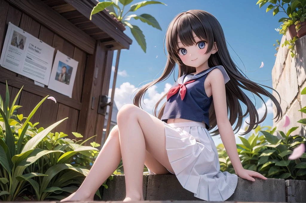 (masterpiece), town, blue sky, One Girl, smile, alone, Sailor suit、Long skirt, Overgrown, petal, plant、Skirt lining、Translucent slip、Nostalgic