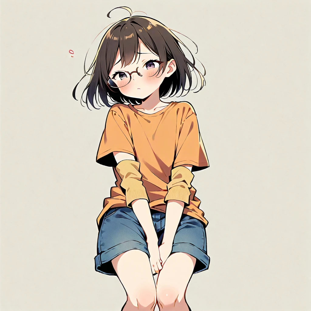 11 yo girl in house,Simple lineinimalism,Abstract Art, blush, embarrassed, urge to pee, covering crotch with two hands, knees together, feet apart, open eyes, orange shirt, yellow arm warmers, shorts, glasses, barefoot, full-body view, standing upright, full-body view