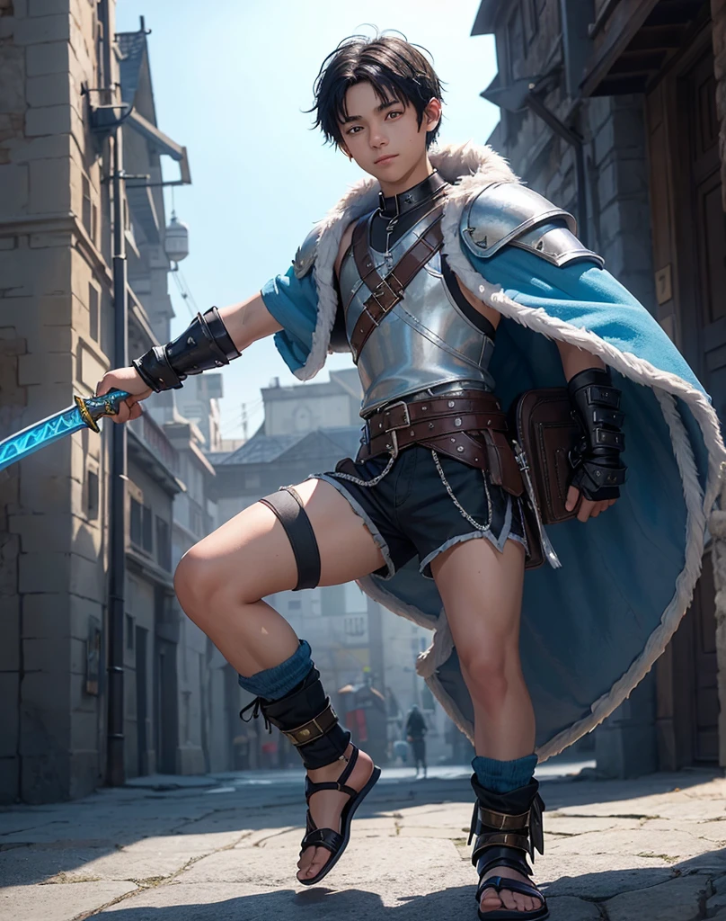 Young 13-year-old boy with black hair and brown eyes, innocent and happy, dressed in short neon-blue medieval barbarian clothes, fur shorts, light-blue battle armor, weilding silver sword and shield, sandals; fullbody; short hair, boyish athletic, sexy,