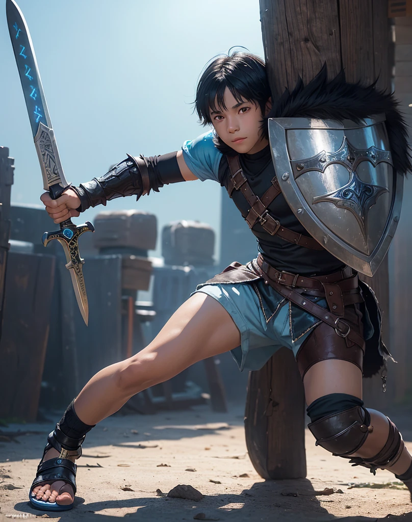 Young 13-year-old boy with black hair and brown eyes, innocent and happy, dressed in short neon-blue medieval barbarian clothes, fur shorts, light-blue battle armor, weilding silver sword and shield, sandals; fullbody; short hair, boyish athletic, sexy,