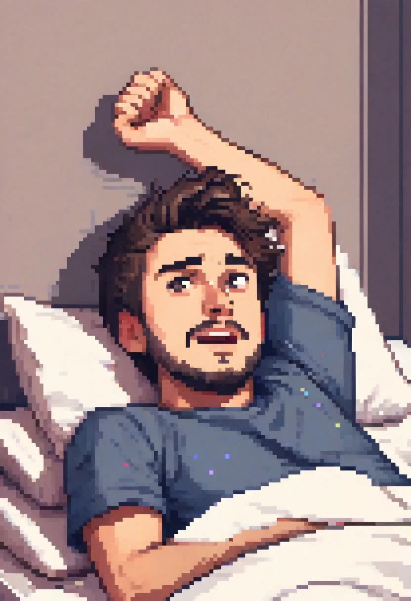 guy laying in bed angerily raising one arm pixel
