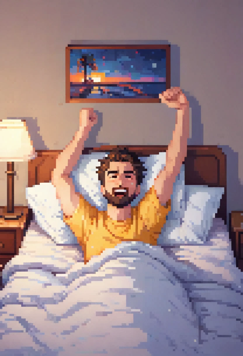 guy laying in bed angerily raising one arm pixel
