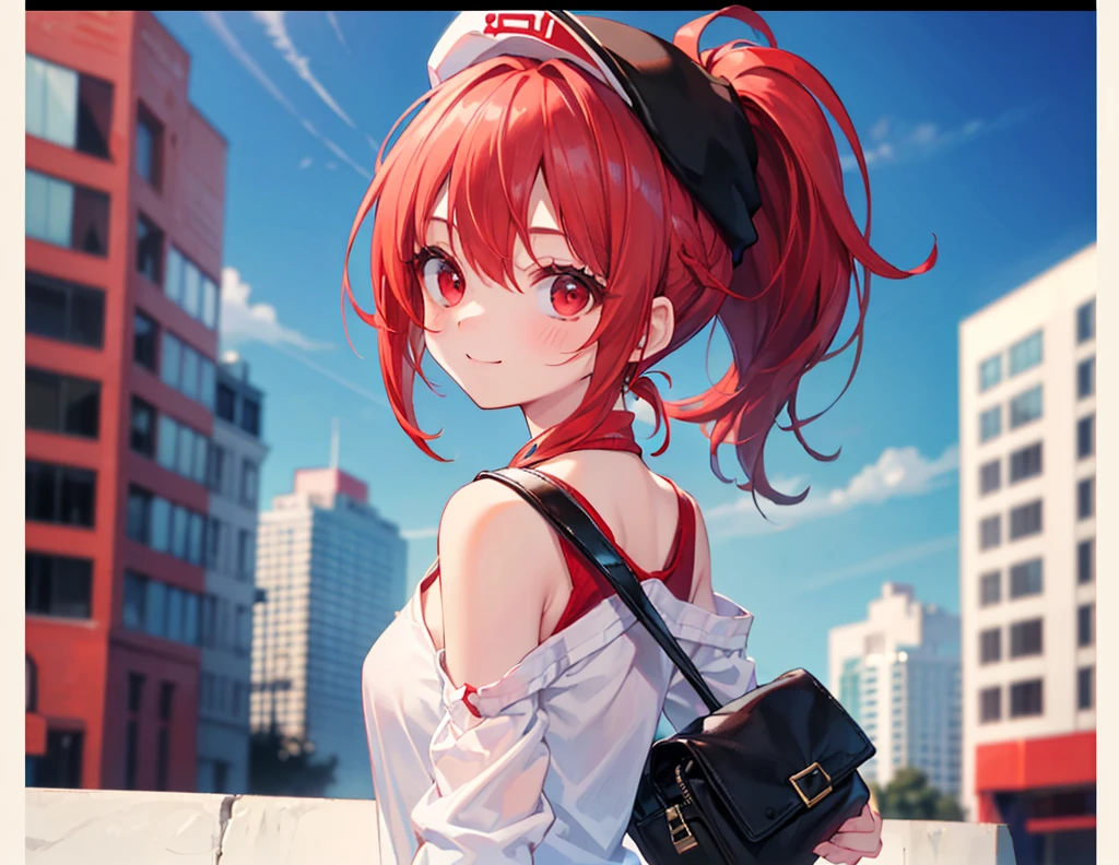 (Close-up:1.3),Realistic,Highest quality, Ultra Detail, High-quality CG rendering, The most delicate and beautiful, Floating softly, High resolution, (1 girl), (Highest quality,4K,8K,masterpiece:1.2),(All red hair:1.5), (ponytail:1.5),(Red eyes:1.5),(Slightly larger breasts:1.2), (White oversized long sleeve T-shirt:1.3),(Black skinny pants:1.3),(Pure black cap:1.3),In the city,old buildings,(Upper Body:1.3),(Turn your back to your audience:1.3),Butt,Are standing,(Small shoulder bag:1.3),smile