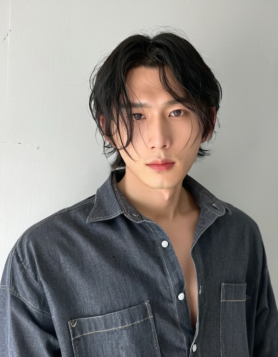 Best Quality, 8k, Masterpiece, (Portrait: 1.3), (photo realistic:1.4), (hyper realistic:1.4), Sharp Focus, looking at viewer, (smoother lighting:1.1), (increase cinematic lighting quality:0.9), realistic lighting, backlighting, light on face, ray trace, (brightening light:1.2), (Increase quality:1.4), sharp detail, (best quality real texture skin:1.4), finely detailed eyes, black_eyes, finely detailed face, 25 year old Korean man, (white formal_shirt:1.4), (Create an image maintaining the original base model hairstyle:1.5)