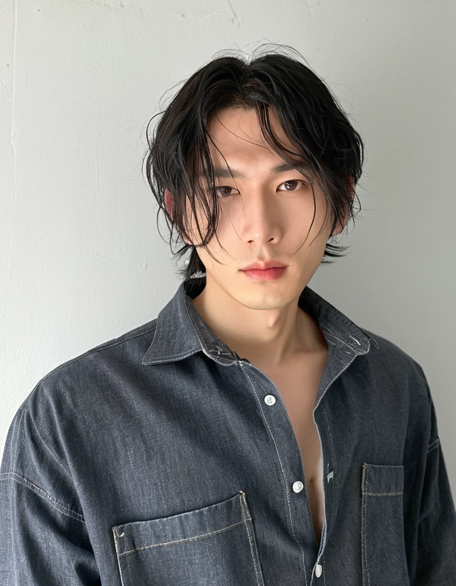 Best Quality, 8k, Masterpiece, (Portrait: 1.3), (photo realistic:1.4), (hyper realistic:1.4), Sharp Focus, looking at viewer, (smoother lighting:1.1), (increase cinematic lighting quality:0.9), realistic lighting, backlighting, light on face, ray trace, (brightening light:1.2), (Increase quality:1.4), sharp detail, (best quality real texture skin:1.4), finely detailed eyes, black_eyes, finely detailed face, 25 year old Korean man, (white formal_shirt:1.4), (Create an image maintaining the original base model hairstyle:1.5)