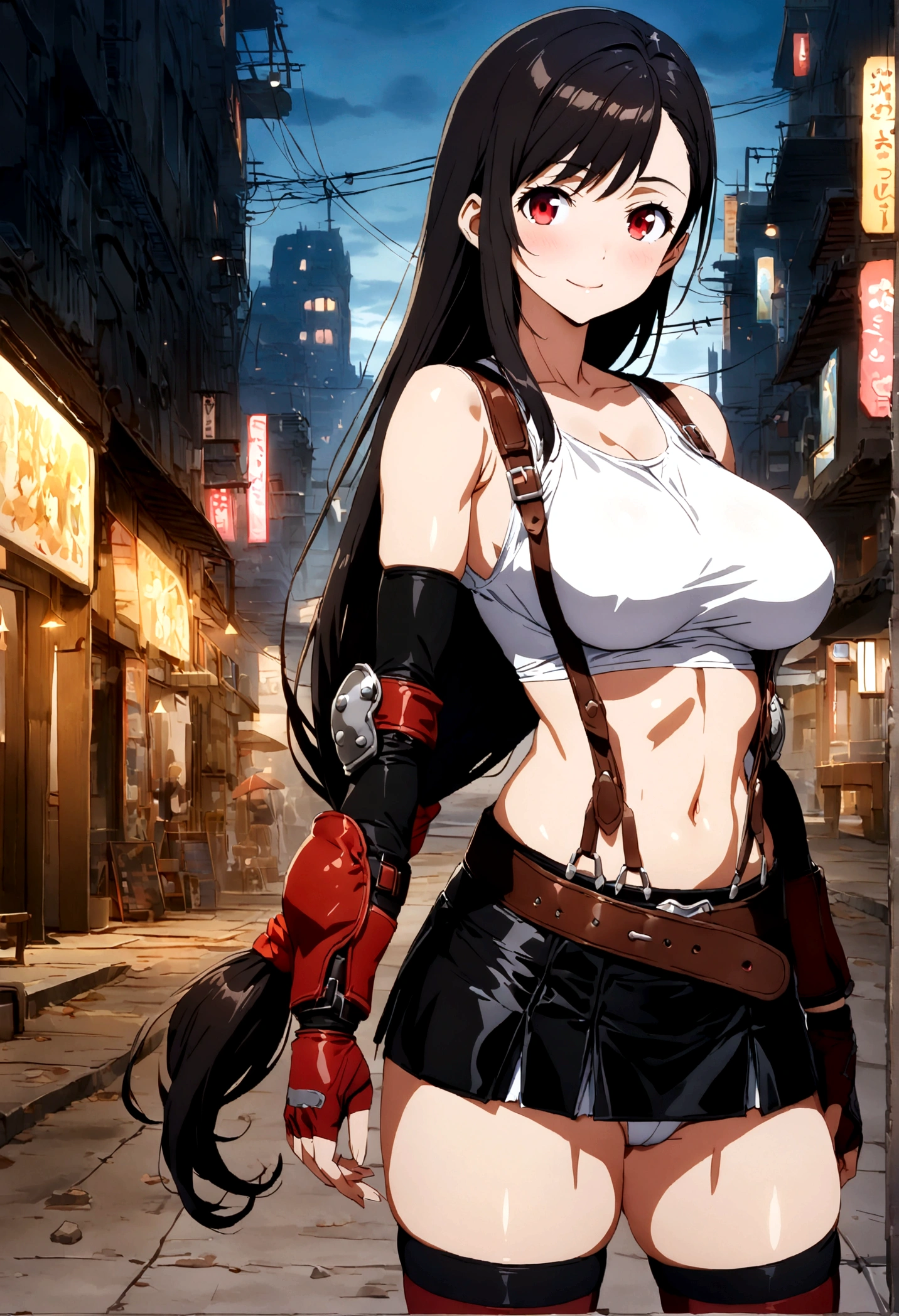 score_9, score_8_up, score_7_up,4k, ,BREAK , from front,from side,breast angle view,breast focus:1.5,standing,straight-on,(arms in sides),(pantiesshot),(medium shot),looking_at_viewer ,1girl, tifa lockhart, final fantasy, tareme,black hair, low-tied long hair, red eyes, bangs, white tank top, belt, pleated skirt, thighhighs, elbow fingerless gloves, elbow pads, midriff, navel,suspender skirt ,large_breasts,(light smile),Curvy waist ,Solo,,(midnight and beachside and city),Toned,,detailed skin,(best quality),(aesthetic,very aesthetic),masterpiece, highres,4k,(ultra-detailed:1.4) (illustration:0.4), (ray tracing,:0.7),(anime colored:0.7),(ai-generated:0.5), (anime screencap:0.8),megami magazine
