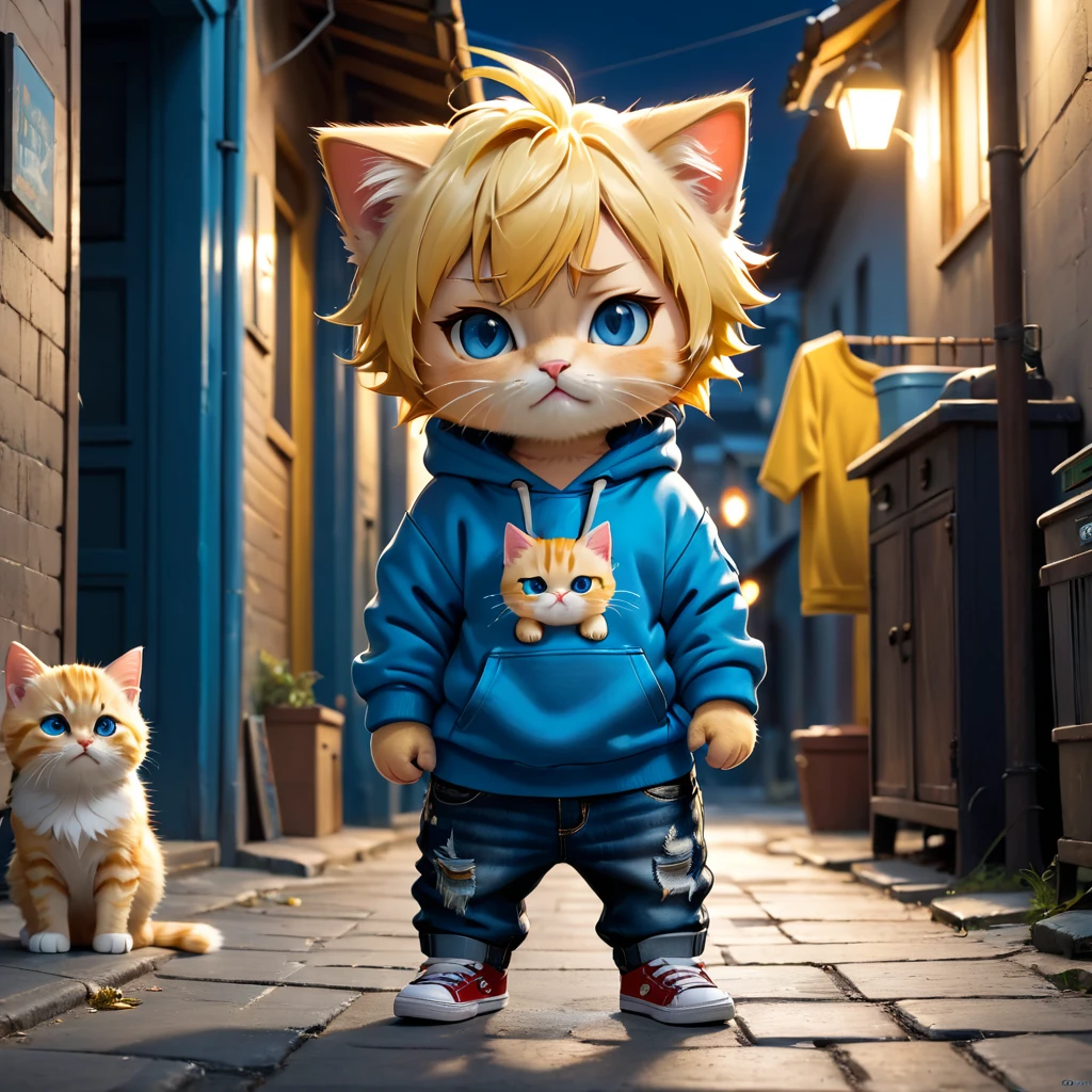 Best Quality, detailed, hyper detailed, beautiful, 8k, absurdities, on the street, a poor kitten, sad, standing, mirando On the right, yellow hair blue eyes, Chibi, chubby, torn sweatshirt, Ripped jeans, , in an ugly and poor house, Fancy, photorealistic, ultra realistic photo, 3D rendering, anthropomorphism, full body shot, On the right, wide view, rule of thirds, average, bright lights, dramatic lighting, volumetric lighting, depth of field, dramatic contrast, darkgoldrod