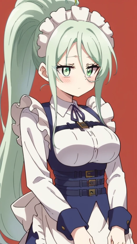 Silpha, length_hair, One girl, green_eye, green_hair, alone, blush, big_chest, ponytail , Maid_Head ornament, Maid, apron, score_9, score_8_superior, score_7_superior, , anime coloring ,Break Source_anime, anime