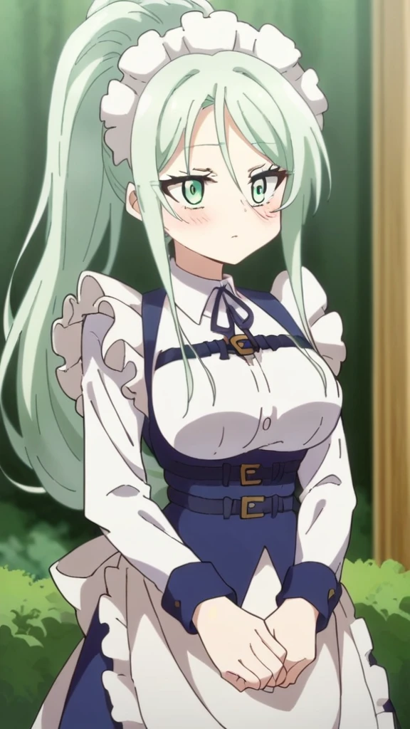 Silpha, length_hair, One girl, green_eye, green_hair, alone, blush, big_chest, ponytail   , Maid_Head ornament, Maid, apron, score_9, score_8_superior, score_7_superior, , anime coloring ,Break Source_anime, anime