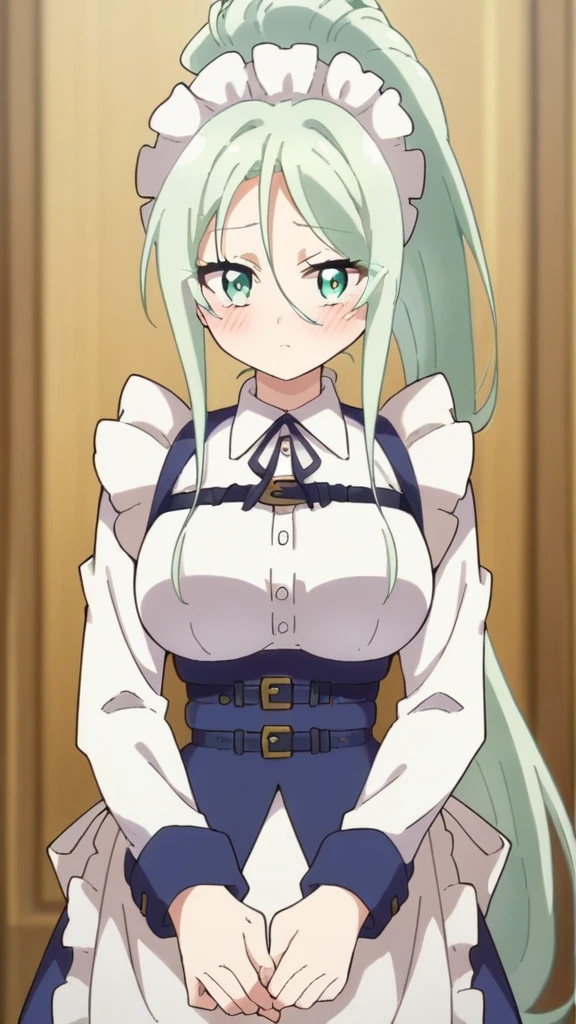 Silpha, length_hair, One girl, green_eye, green_hair, alone, blush, big_chest, ponytail , Maid_Head ornament, Maid, apron, score_9, score_8_superior, score_7_superior, , anime coloring ,Break Source_anime, anime