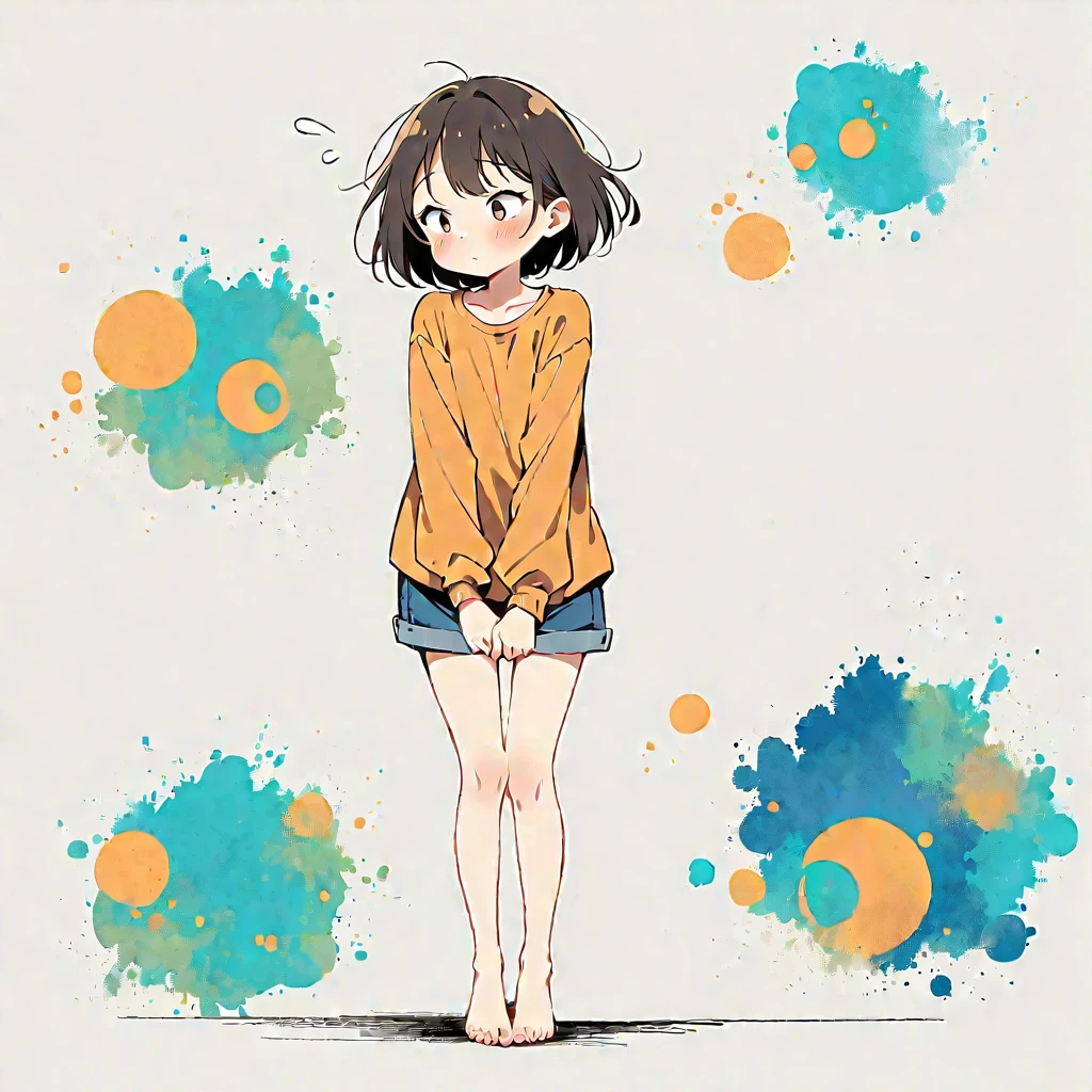  girl in house，Simple lineinimalism，Abstract Art, blush, embarrassed, urge to pee, covering crotch with two hands, knees together, feet apart, open eyes, orange shirt, yellow arm warmers, shorts, wearing glasses, full-body view, standing upright, barefoot, full-body view