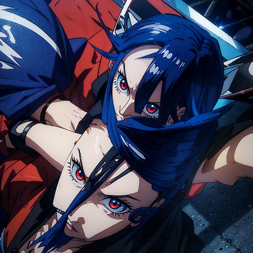 Create a nail character with blue hair red eyes from Naruto