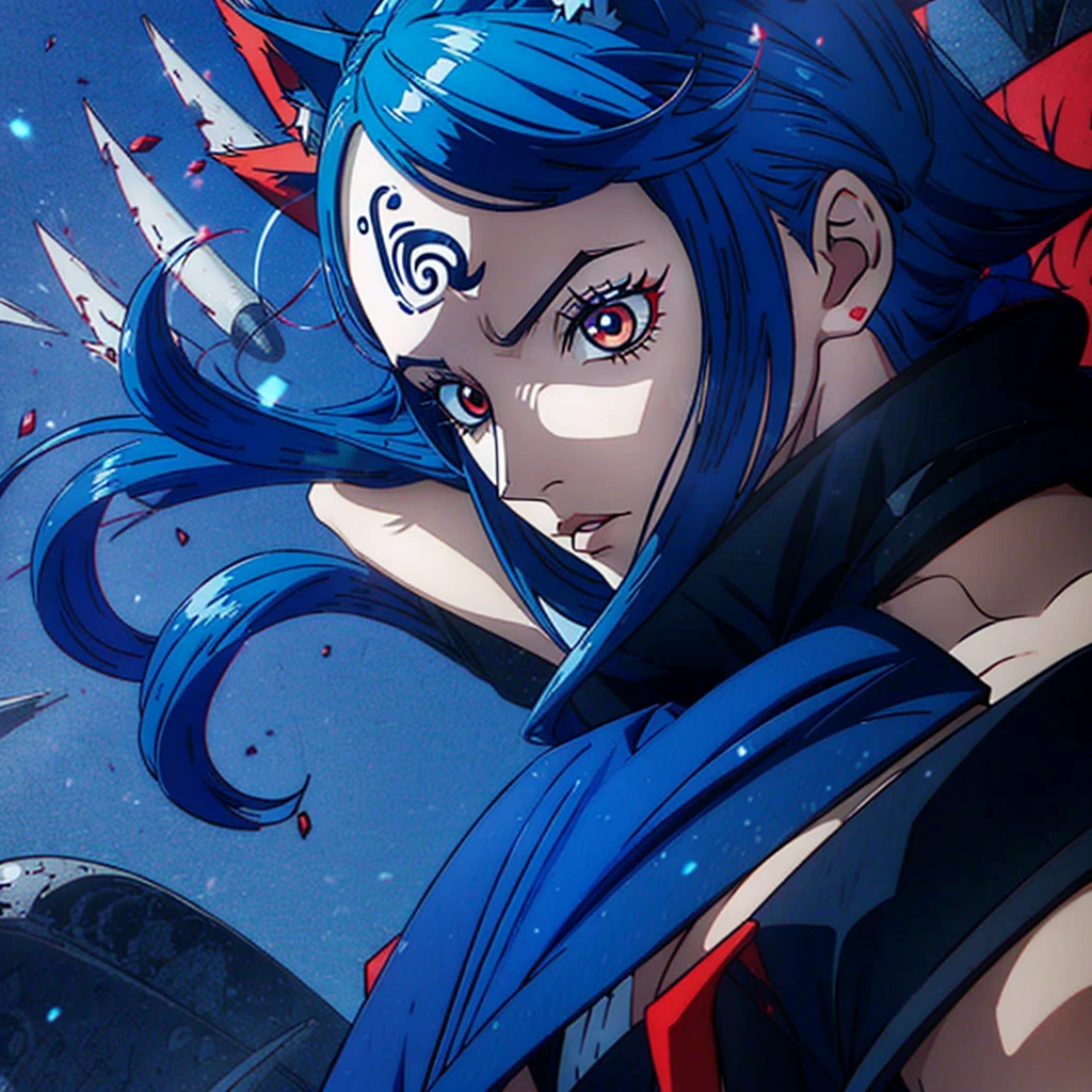 Create a nail character with blue hair red eyes from Naruto
