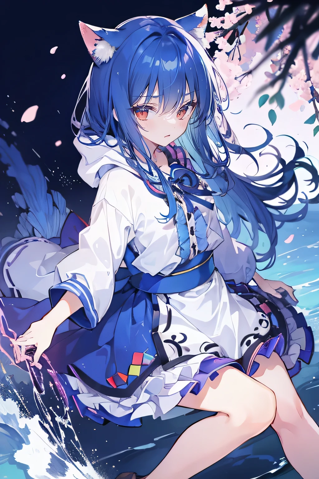 (masterpiece:1.2),Super detailed,lifelike,Expressive eyes,fair skin,perfect face shape,1 girl,
Japanese comics,Gorgeous blue hair,flowing blue hair,flowing clothes,Cat ears,Petals fall,beautiful lola,Baby Angel,sunrise,
Shaking head with one hand,Cross your legs,Gentle and peaceful background,The pavilion is cool and comfortable,smile, wearing hoodie, background of tokyo,back views,snowing, winter,seaside,wet clothes,A smile,A faint smile,。