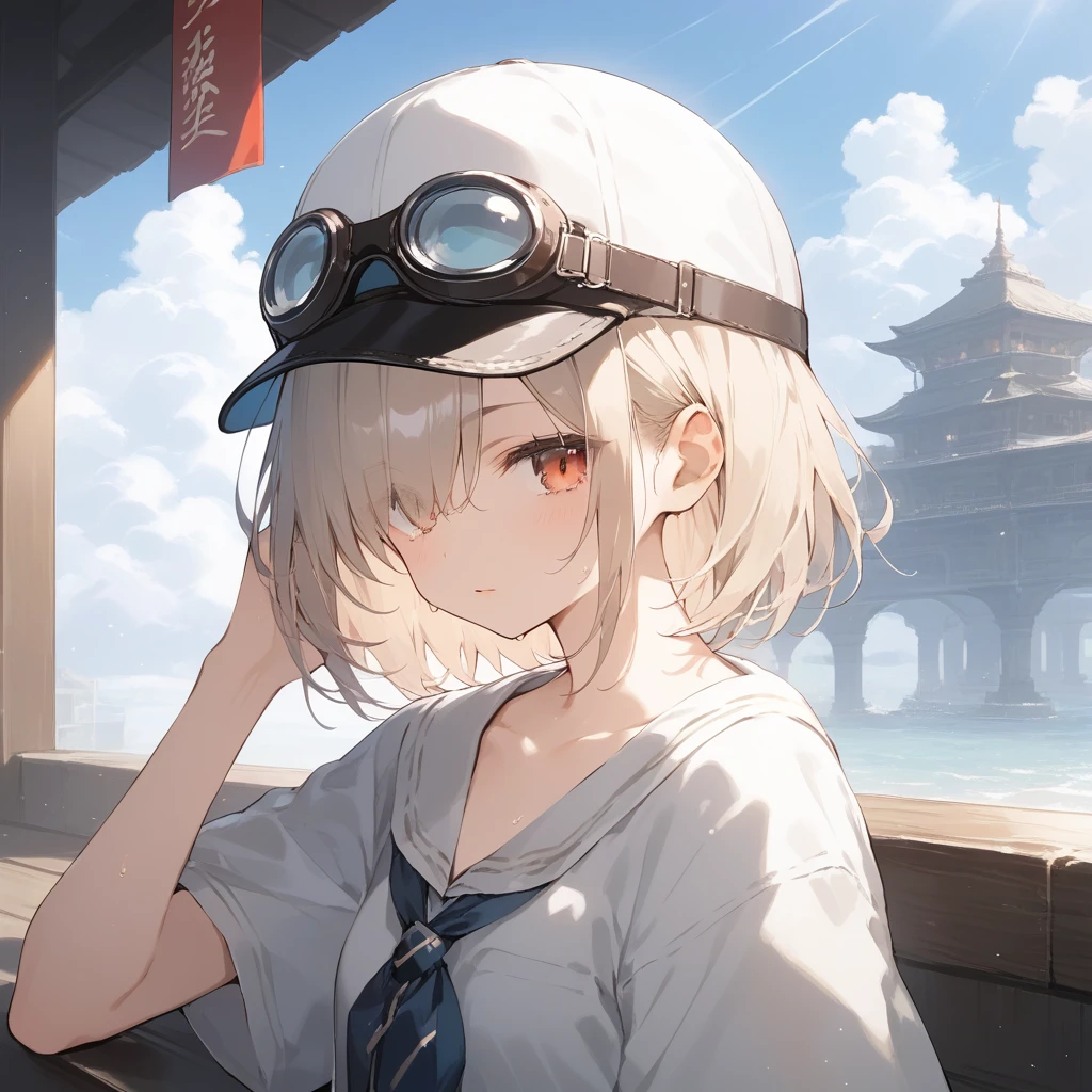 score_9, score_8_up, score_7_up, source_anime, best quality, masterpiece, official art, absurdres, highres, ultra-detailed,waifu2x,Collection: Slice of Life,break,1girl, 15-year-old, short hair, hair over one eye, small breasts, beautiful detailed eyes, well-proportioned iris and pupils, beautiful detailed lips, cap, goggles on headwear, skirt, sit, sweat, expressionless, sleepily, fantasy, outdoors, wind, break,(clear line illustration:1.2),very high resolution, very aesthetic, super detailed skin, Best cinematic lighting powered by famous artist, 8k, beauty illustration,photoshop_(medium),,(Detailed Lighting),best anime 8k konachan wallpaper, pixiv contest winner,