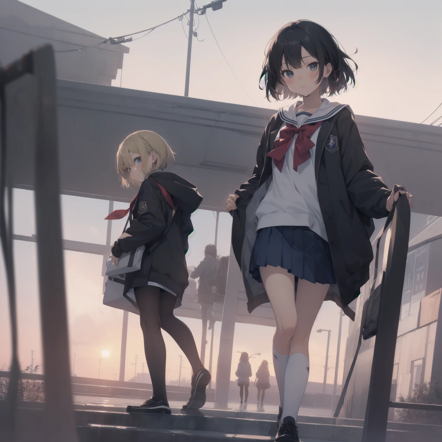 ultra-absurdres-Top quality by artist God, ultra-detailed, high resolution, anime moe artstyle, best anime 8k konachan wallpaper, pixiv contest winner, pool:2810, perfect anatomy,break, 1girl, (Please draw a girl walking sleepily to school alone. )break,(Solo,little female, 13-year-old:1.3),Full limbs, complete fingers,a junior high school student, (very short hair), short cut, flat chest, , small butt, small black eyes, beautiful detailed eyes, well-proportioned iris and pupils, expressive eyes, highres detailed hair, soft expression, salor school_uniform, sailor collar, serahuku, bow, pleated skirt,(Detailed Lighting), (Detailed background), in the School commute route. break,super detailed skin, Best cinematic lighting powered by famous artist, 8k,beauty illustration,photoshop_(medium),very aesthetic,break,((artist:saiguchi_otoufu )), artist:clamp ,artist:carnelian ,artist:kantoku ,