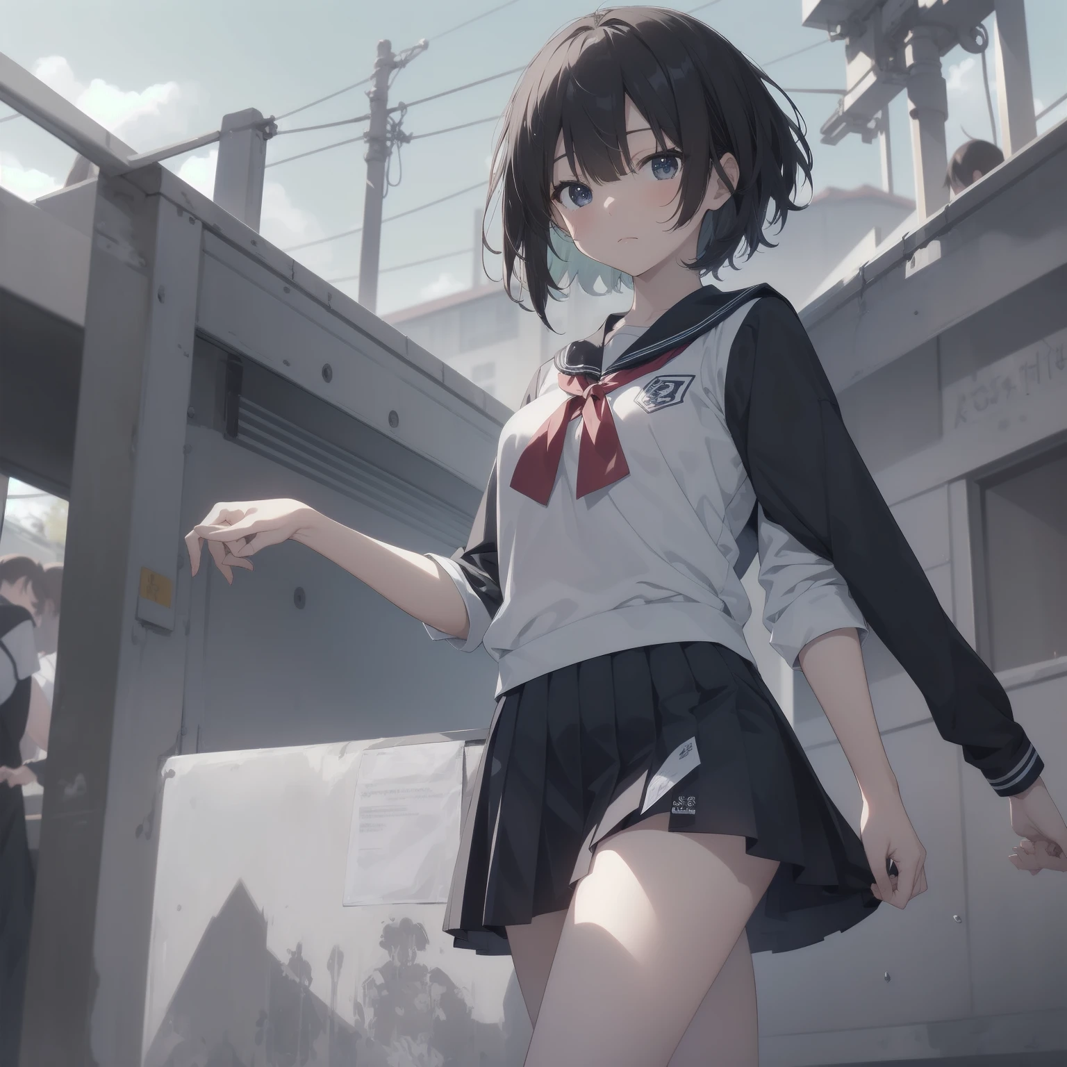 ultra-absurdres-Top quality by artist God, ultra-detailed, high resolution, anime moe artstyle, best anime 8k konachan wallpaper, pixiv contest winner, pool:2810, perfect anatomy,break, 1girl, (Please draw a girl walking sleepily to school alone. )break,(Solo,little female, 13-year-old:1.3),Full limbs, complete fingers,a junior high school student, (very short hair), short cut, flat chest, , small butt, small black eyes, beautiful detailed eyes, well-proportioned iris and pupils, expressive eyes, highres detailed hair, soft expression, salor school_uniform, sailor collar, serahuku, bow, pleated skirt,(Detailed Lighting), (Detailed background), in the School commute route. break,super detailed skin, Best cinematic lighting powered by famous artist, 8k,beauty illustration,photoshop_(medium),very aesthetic,break,((artist:saiguchi_otoufu )), artist:clamp ,artist:carnelian ,artist:kantoku ,