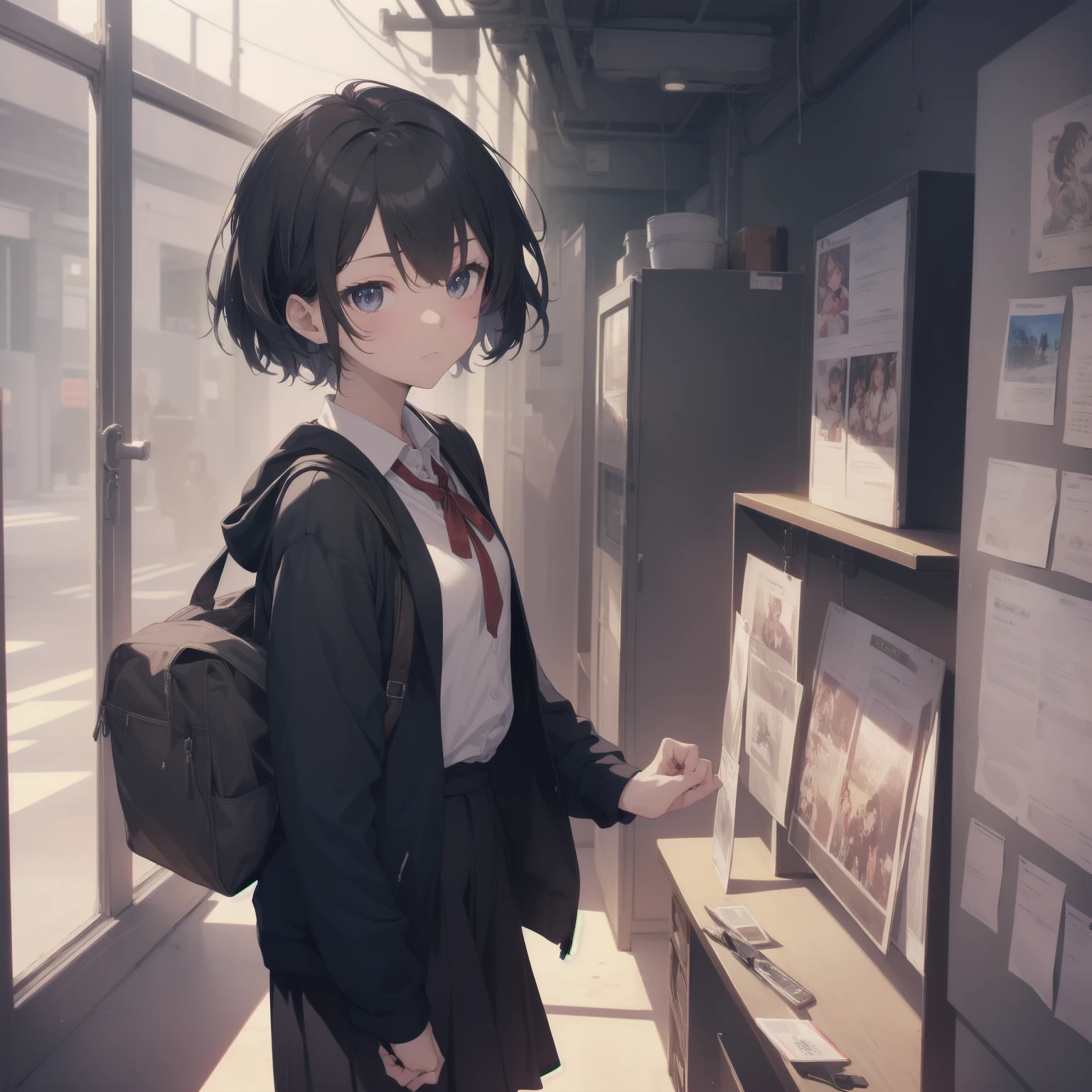 ultra-absurdres-Top quality by artist God, ultra-detailed, high resolution, anime moe artstyle, best anime 8k konachan wallpaper, pixiv contest winner, pool:2810, perfect anatomy,break, 1girl, (Please draw a girl walking sleepily to school alone. )break,(Solo,little female, 13-year-old:1.3),Full limbs, complete fingers,a junior high school student, (very short hair), short cut, flat chest, , small butt, small black eyes, beautiful detailed eyes, well-proportioned iris and pupils, expressive eyes, highres detailed hair, soft expression, salor school_uniform, sailor collar, serahuku, bow, pleated skirt,(Detailed Lighting), (Detailed background), in the School commute route. break,super detailed skin, Best cinematic lighting powered by famous artist, 8k,beauty illustration,photoshop_(medium),very aesthetic,break,((artist:saiguchi_otoufu )), artist:clamp ,artist:carnelian ,artist:kantoku ,