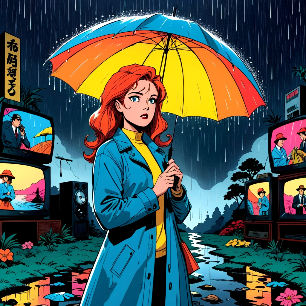 woman holding umbrella, technicolor rain, uv light face mask, , VHS, glitch, distorted, nostalgia, 90's retro vibes, analog tape, vcr aesthetics, tv, television, 1990's cartoon homage), comic 1990's, animated tv show screengrab, cinematic poster, image within image, multiple exposure, massive scale, rich color grading for shading depth, hand drawn rotoscope cartoon realism, chiaroscuro lighting, mixed media, vintage comic, retro original design, 1990's comic, sense of movement energy, A black and white world, holding umbrella, each drop of rain unleashes a ripple of color, bringing color to this otherwise mundane world, color reverberating out from each raindrop as it makes contact with the ground, subtle coloring to enrich the black and white image, rich color grading, sense of depth, shading and shadows