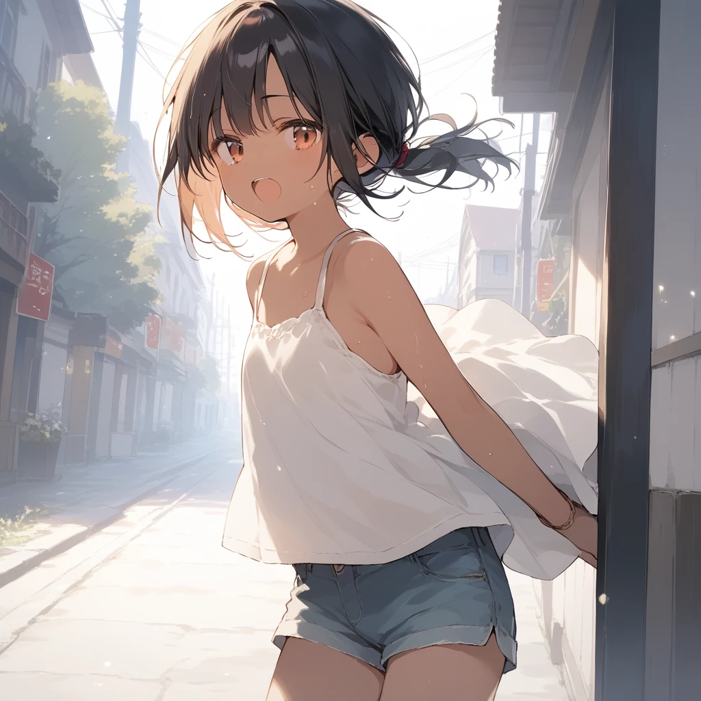 score_9, score_8_up, score_7_up, source_anime, best quality, masterpiece, official art, absurdres, highres, ultra-detailed,waifu2x,Collection: Slice of Life,break,1girl, tomboy, dark-skinned female, short hair, low ponytail, flat chest, beautiful detailed eyes, short shorts, sweat, open mouth, (yawn:0.3), sleepily, outdoors, wind, break,(clear line illustration:1.2),very high resolution, very aesthetic, super detailed skin, Best sexual lighting powered by famous artist, 8k,cute picture,beauty illustration,photoshop_(medium),,(Detailed Lighting),best anime 8k konachan wallpaper, pixiv contest winner, 