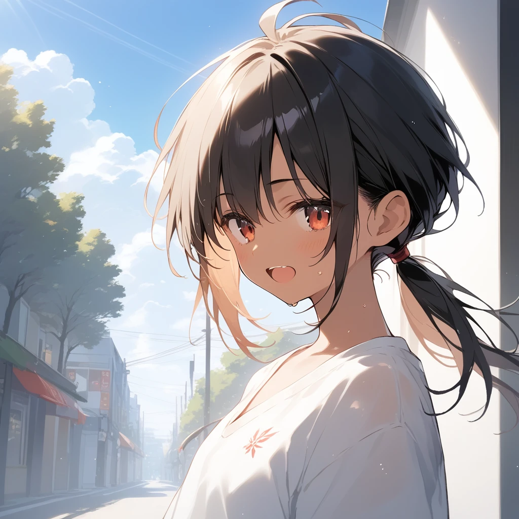 score_9, score_8_up, score_7_up, source_anime, best quality, masterpiece, official art, absurdres, highres, ultra-detailed,waifu2x,Collection: Slice of Life,break,1girl, tomboy, dark-skinned female, short hair, low ponytail, flat chest, beautiful detailed eyes, short shorts, sweat, open mouth, (yawn:0.3), sleepily, outdoors, wind, break,(clear line illustration:1.2),very high resolution, very aesthetic, super detailed skin, Best sexual lighting powered by famous artist, 8k,cute picture,beauty illustration,photoshop_(medium),,(Detailed Lighting),best anime 8k konachan wallpaper, pixiv contest winner, 