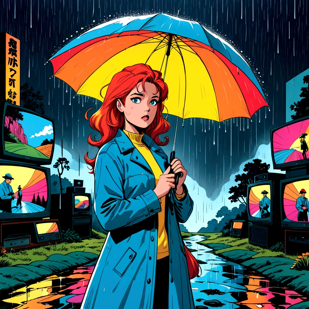 woman holding umbrella, technicolor rain,  uv light face mask, , VHS, glitch, distorted, nostalgia, 90's retro vibes, analog tape, vcr aesthetics, tv, television, 1990's cartoon homage), comic 1990's, animated tv show screengrab, cinematic poster, image within image, multiple exposure, massive scale, rich color grading for shading depth, hand drawn rotoscope cartoon realism, chiaroscuro lighting, mixed media, vintage comic, retro original design, 1990's comic, sense of movement energy, A black and white world, holding umbrella, each drop of rain unleashes a ripple of color, bringing color to this otherwise mundane world, color reverberating out from each raindrop as it makes contact with the ground, subtle coloring to enrich the black and white image, rich color grading, sense of depth, shading and shadows